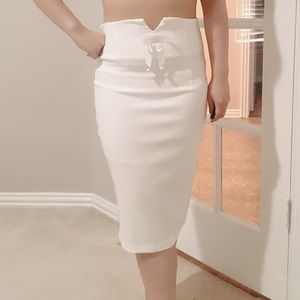Women high waist white bow pencil midi straight office evening skirt